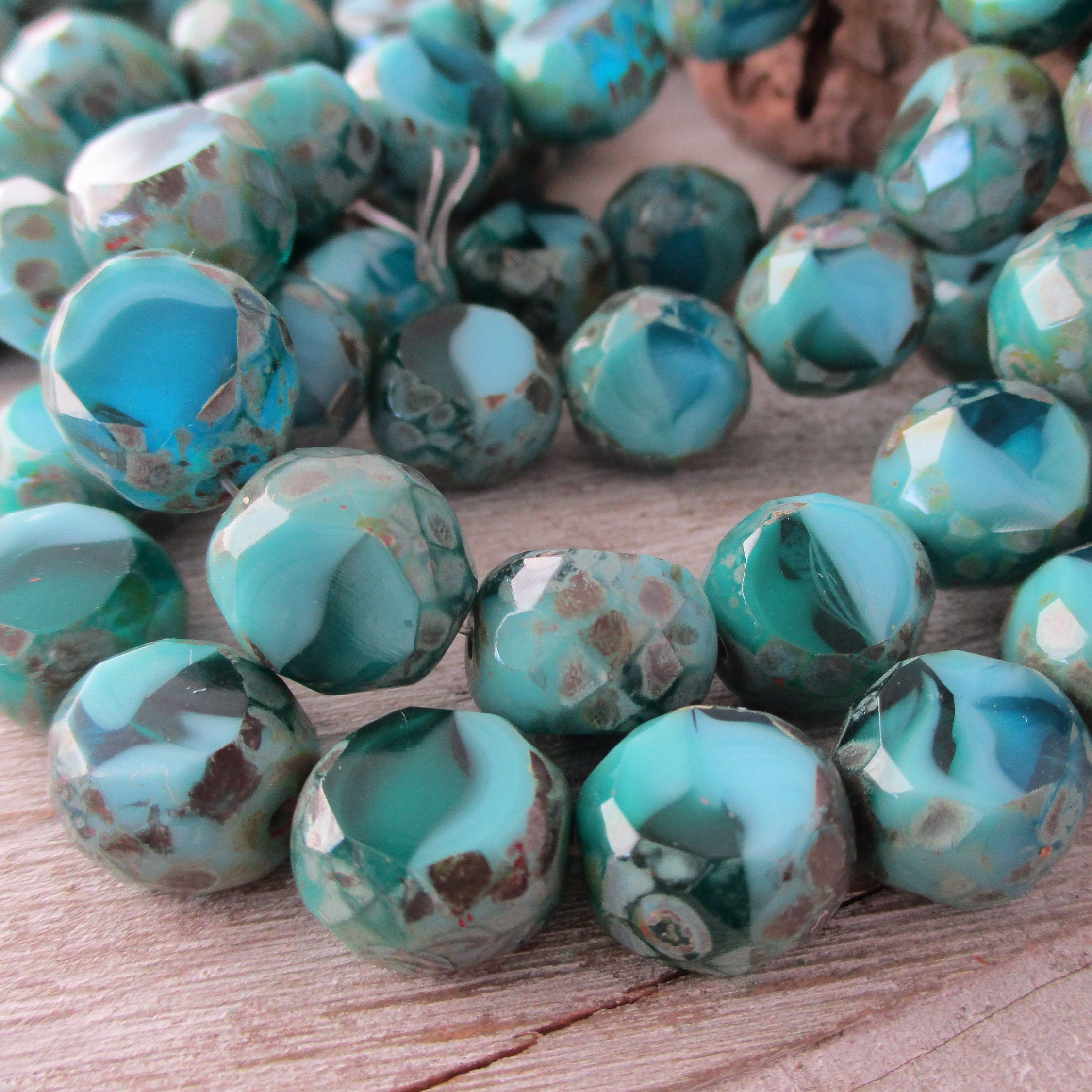 4 Beads 12mm Table Cut Faceted Round Turquoise With Picasso Finish, Czech Glass