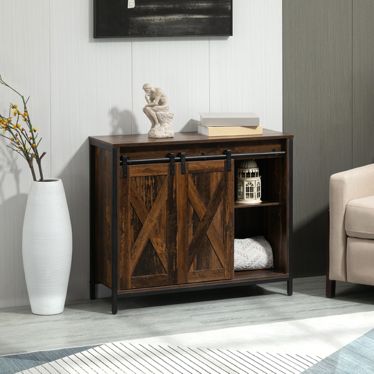 HOMCOM Industrial Sideboard, Buffet Cabinet with Sliding Barn Doors, Storage Cabinets and Adjustable Shelves for Living Room