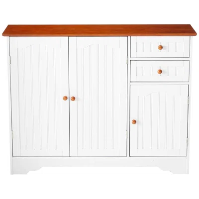 White Wood Sideboard Buffet Cabinet With Walnut Finish Top And Knobs