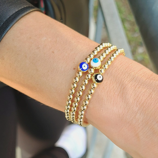 Gold Filled Beaded Evil Eye Pendant, Isabella Celini, 14Kt Beads, Stretch Stacking Bracelet, Boho Chic, Gift For Women