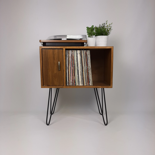 Designer Cabinet | Small Media Console Brass Hairpin Legs Walnut Sideboard Vinyl Record Storage Danish Furniture Scandi