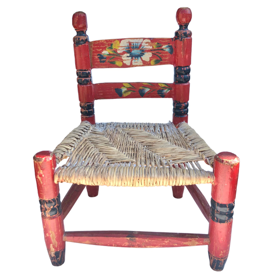 Red Mexican Folk Art Child Chair, Vintage Mexico Decor