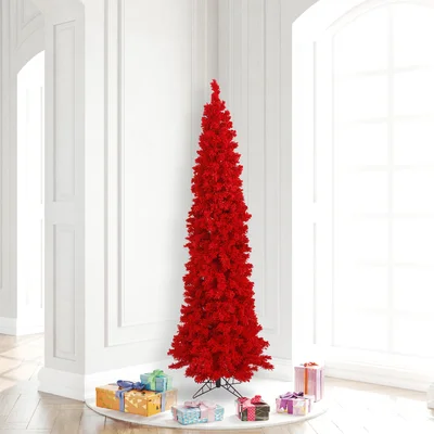 Flocked Red Fir Pencil 6.5' Artificial Christmas Tree with 250 LED Red Lights