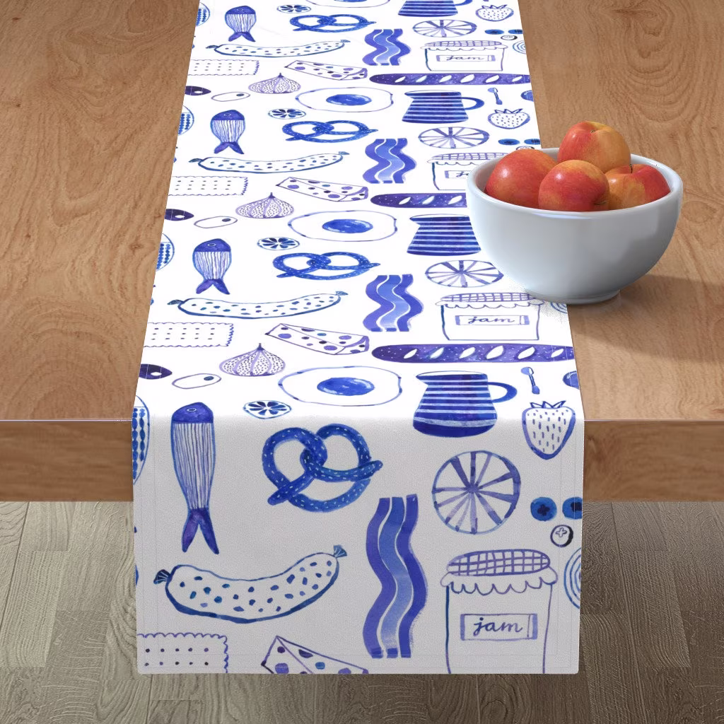 Blue Charcuterie Table Runner - Bon Appetit By Subhashini Narayanan Fish Hand Drawn Home Decor Cotton Sateen Spoonflower