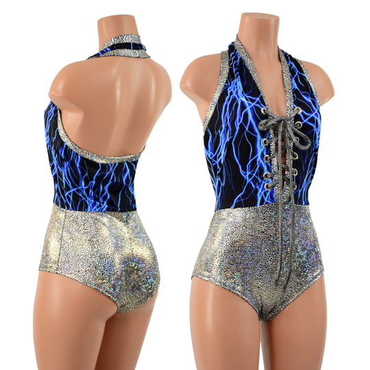 Neon Blue Lightning & Silver On Black Shattered Glass Bella Style Romper With Holo Laceup & Siren Cut Leg 1579219
