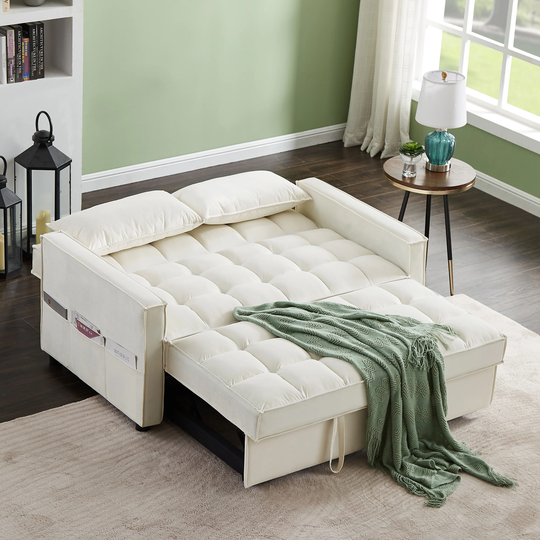 Loveseat Couches Chair Velvet Upholstered Sofa with Pull out Multifunctional Sofa Bed and Adjustable Backrest, Plastic Feet