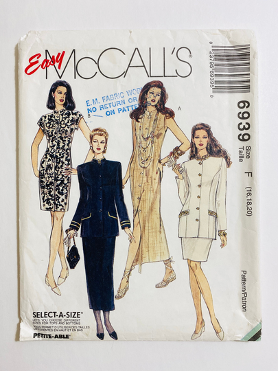 Mccall's 6939 Bust 38 40 42" 1994 Vintage Sewing Pattern Big Shoulder Coat Dress Jacket Midi Pencil Skirt Suit