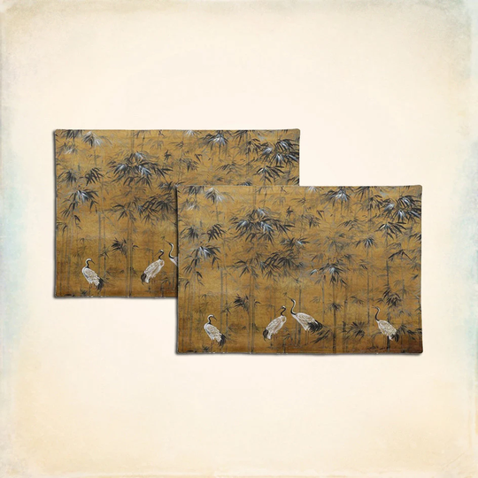 Cranes & Bamboo Chinoiserie Table Placemats Sets 12"x18"/ 14"x20" - Cloth 30x45 cm/ 35x50 cm Dinner Mats, Linens