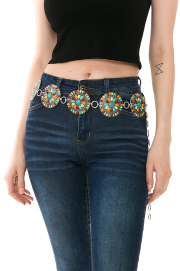 Western Epoxy Concho Semi Stone Belt, Multi Color Metal Boho Rodeo Fashion Accessory