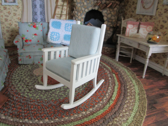 Miniature Jbm Rocking Chair, White Rocker With Pale Blue Cushions, Style #24. Dollhouse Furniture, 112 Scale, Mini Chair