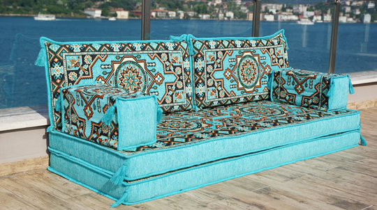 8" Thickness Floor Couch, Reading Sofa Pillow, Meditation Yoga Loveseat, Cushion, Covers, Sky Blue Arabic Seating, Bench Cushion