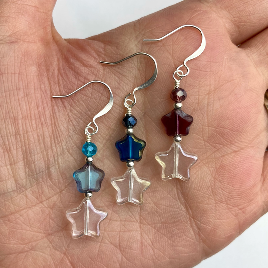 Multi-Colored Stacked Stars Czech Glass Dangle Earrings | Choose Your Color Star Beads, Cute Drop Earrings, Silver Tone Finishes