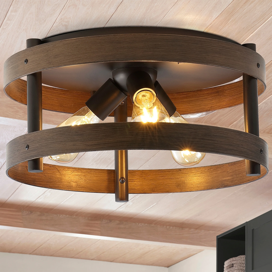 Paulina 16" 3-Light Farmhouse Industrial Iron LED Flush Mount, Brown Wood Finished/Oil Rubbed Bronze by JONATHAN Y