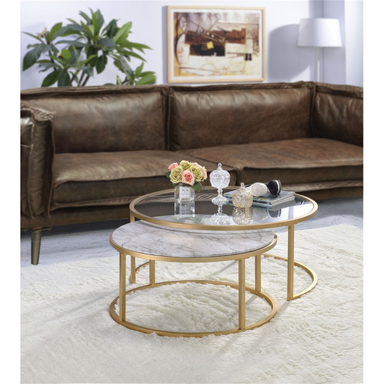 2 PCS End Table Coffee Table Nesting Table Set in Faux Marble & Gold