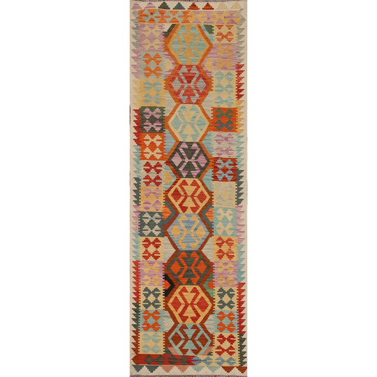 Geometric Kilim Oriental Runner Rug Multi-Color Flat-weave Wool Carpet - 2'7"x 9'9"