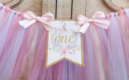 Floral Pumpkin 1st Birthday High Chair Tulle Tutu, Patch, Autumn Fall Banner, Birthday, Garland, Cake Smash, Pink Gold
