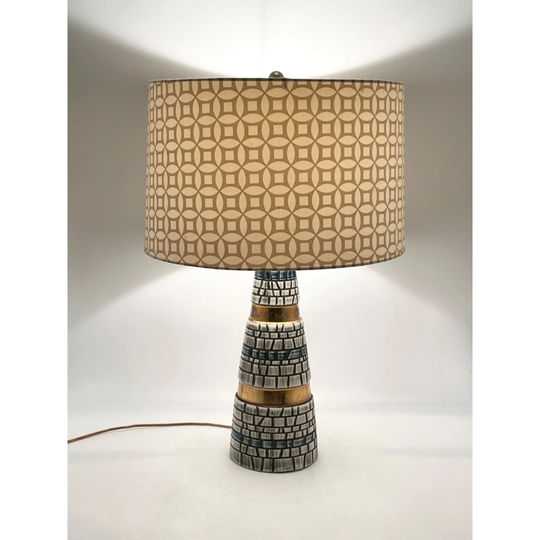 Vtg 1970's Mosaic Tile Look Ceramic Table Lamp W-Gold Bands - Shade Not Included
