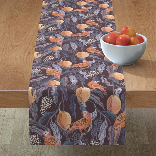 Tropical Mangos Table Runner - Moody Mango Garden By Rebelform Bird Blue Leaves Floral Nature Cotton Sateen Spoonflower