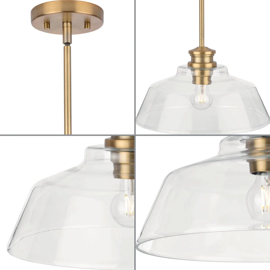 Singleton Collection 1-Light 14 in. Vintage Brass Medium Pendant Light with Clear Glass Shade