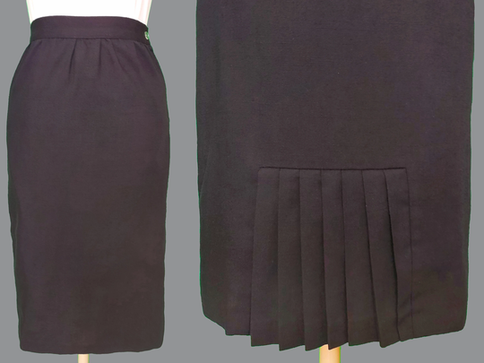 Real 1970S Cotton Pencil Skirt Xs Extra Small Size 2 Waist 25" Women's 70S Vintage Black With Pleated Kick Pleat