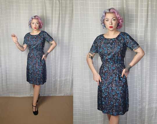 Vintage Mid Century Grey Teal Abstract Floral Shortsleeve Wiggle Dress - Uk 8 10 1950S 1960S 50S Blue Green Gray Pencil