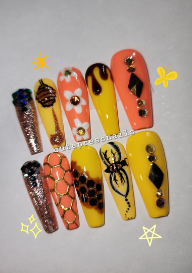 Bee Honey Drop Long Press On Nails | Luxury Orange Nails