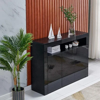 Wyarno 51.2" Wide Sideboard With 16 Colors LED Lights And Remote Control Modern High Gloss Buffet Server With Shelf And 3 Doors For Living Room Dining