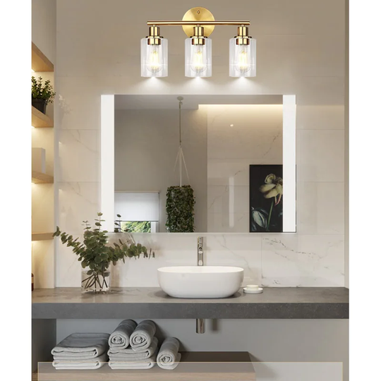 Fylbinye 3-Light Black Gold Bathroom Vanity Lights Wall Light with Glass Shade