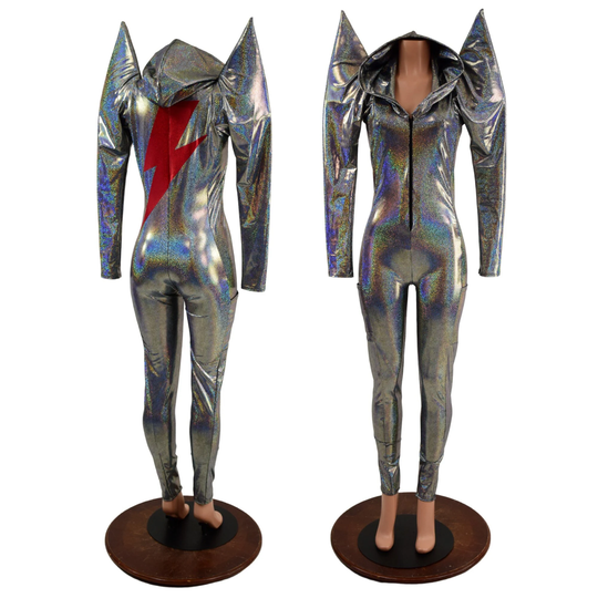Silver Holo Mega Sharp Shoulder Catsuit With Front Zipper, Self Lined Hood, & Red Js Bolt Applique On Back 157791