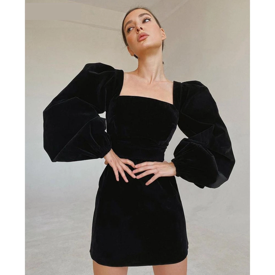 Black Pencil Dress Square Neck Empire Waist Puff Sleeve Full Winter Cottagecore