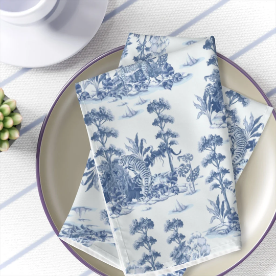 Toile Table Napkins Blue White Chinoiserie Dinner Napkins Vintage Jungle Kitchen Decor Exotic Tiger Table Decoration Fabrics