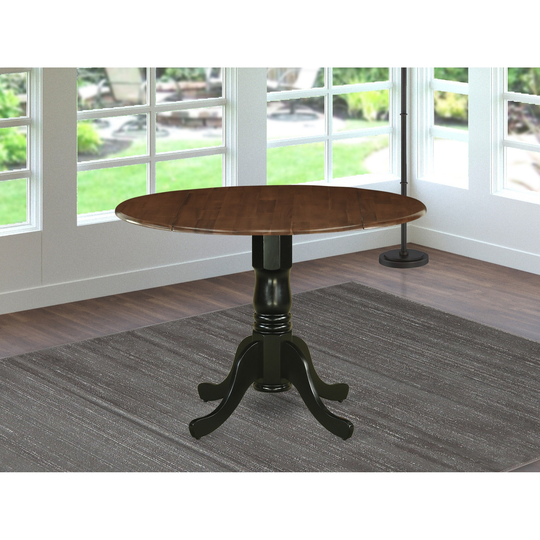 East West Furniture Rubber Wood Dining Table with Drop Leaves, Walnut Finish Table Top and Black Pedestal - DMT-WBK-TP