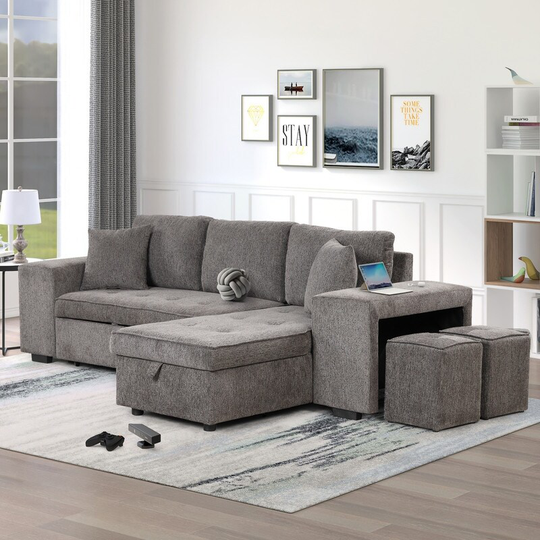 L-Shape Reversible Sectional Sofa, Pull Out Sleeper Sofa with 2 Stools