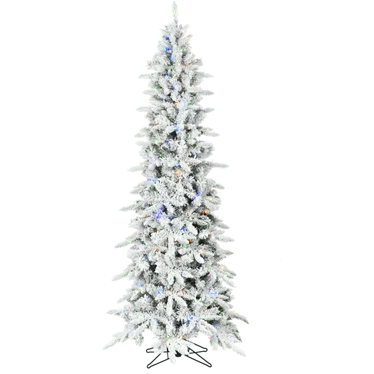 Fraser Hill Farm 9-Ft. Slim Mountain Pine Flocked Christmas Tree with Multicolor LED Lights