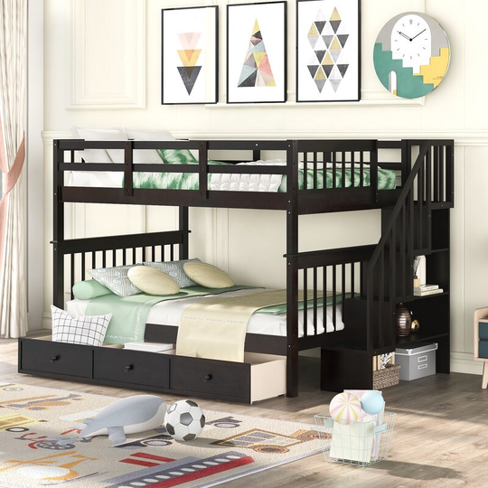 Stairway Full-Over-Full Bunk Bed with Drawer, Storage and Guard Rail