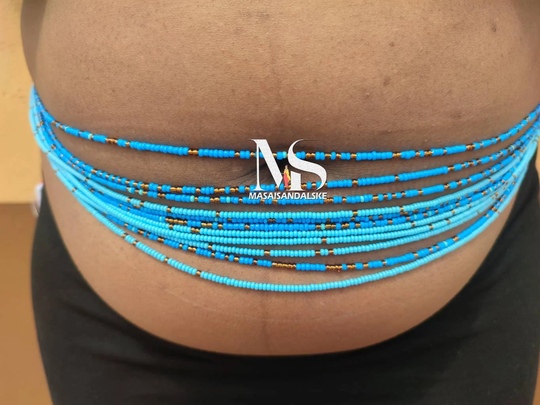 5 Blue & Gold Waist Beads Clasps Beads, Stomach Africa, Plus Size