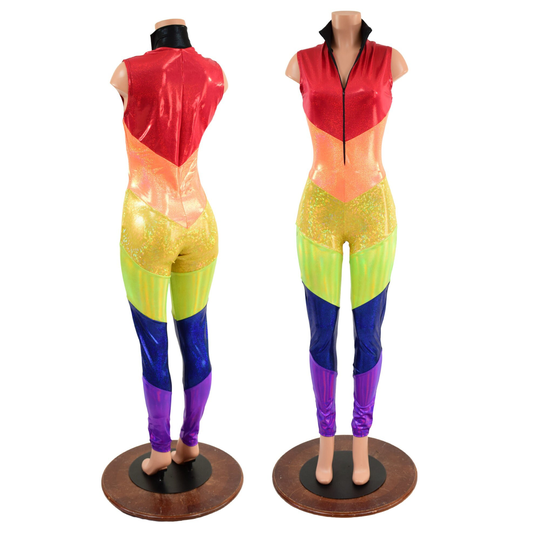 Sleeveless Rainbow Evolution Catsuit With Black Mystique Turtleneck Collar & Front Zipper Emk 1579222