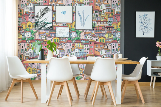 Colorful Town Removable Vinyl Mural/Peel & Stick Little Town Wallpaper Houses Print