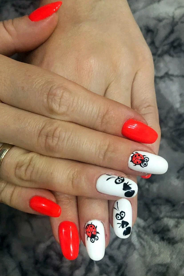 Ladybug Nails Funny Press On Nails Almond Ant Insect Cartoon Comics Art Glue Medium Red White Fake Reusable