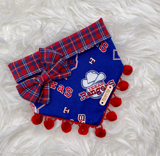 Texas Rangers Baseball Dog Bandana With Optional Pom Trim