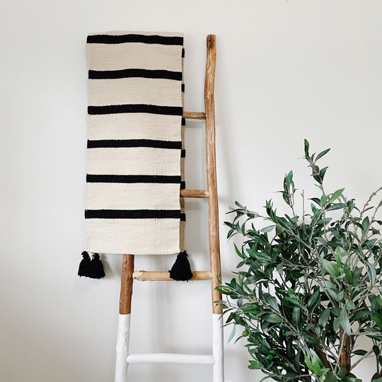 Modern Kilim Table Runner, Black & Neutral Runner With Tassels, Handwoven Textile Decor, Fiber Knot Art, Bohemian Decor