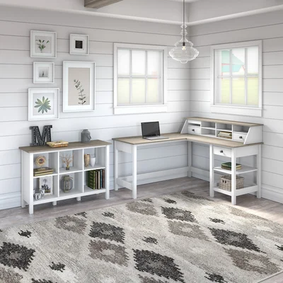Jenzen 60W L Shaped Computer Desk With Desktop Organizer And 6 Cube Bookcase In Pure White And Shiplap Gray