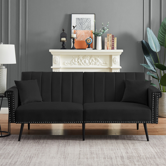 Velvet Tufted Sofa Couch with 2 Pillows & Nailhead Trim, Loveseat Sofa Futon Sofa Bed