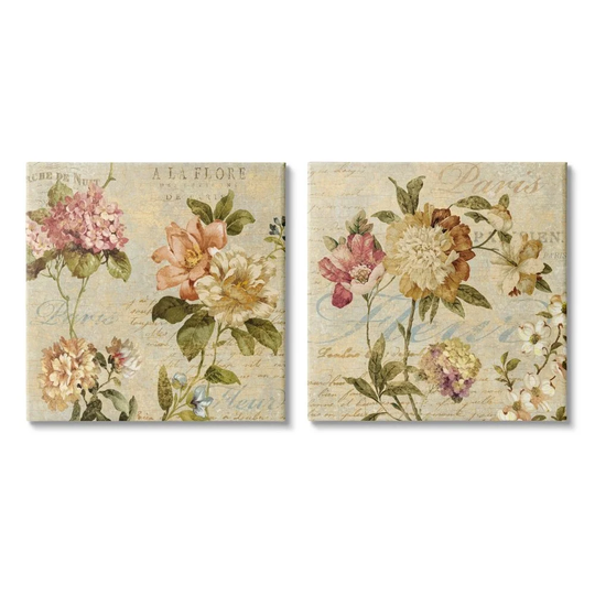 Stupell Industries Vintage French Floral Painting with Background Script, 2pc Multi Piece Canvas Wall Art Set - Multi-Color