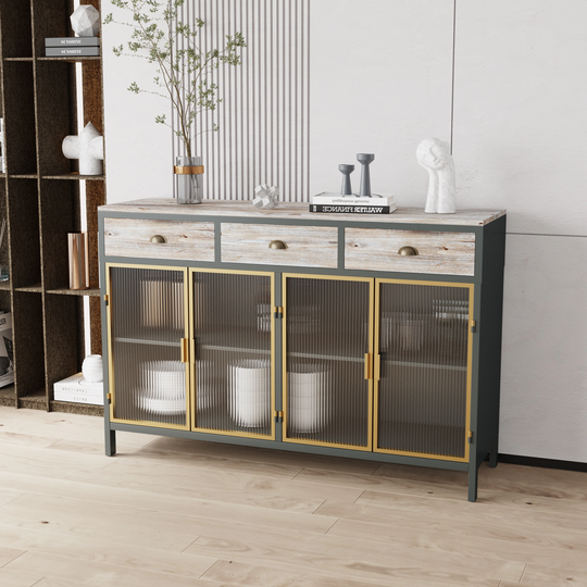 48" Wide 4 Glass Doors Modern Sideboard with 3 Top Drawers