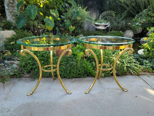 Pair Of Italian Brass Swan End Tables W Round Beveled Glass Top | Set Or Duck Head Styled After Lebarge/Maison Jansen