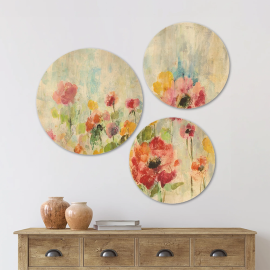 Designart 'Summer Rain Floral' Cottage Wood Wall Art Set of 3 Circles - Multi-Color