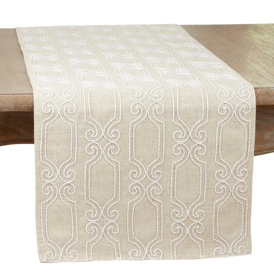 Embroidered Table Runner With Scroll Design - 16"x70"