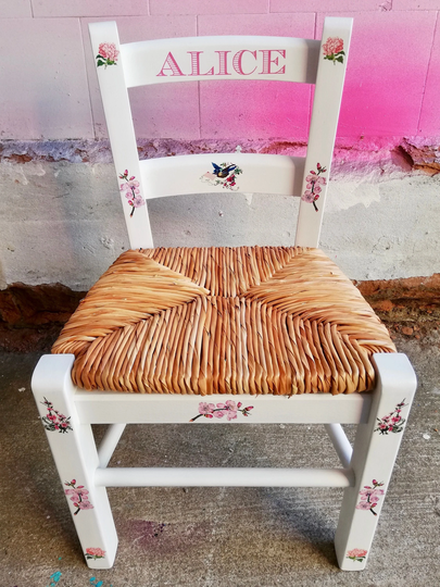Upcycled Rush Seat Personalised Children's Chair - Blossom Bird Theme Made To Order