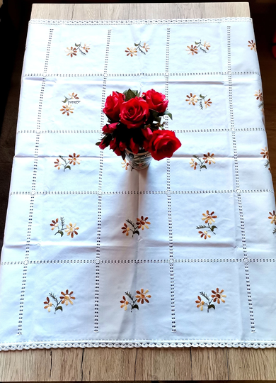 Hungarian Kalocsa Linen Handmade Embroidered Tablecloth, Traditional Folk Art Table Linen Flower Pattern, Sewing Pattern Tablecloth